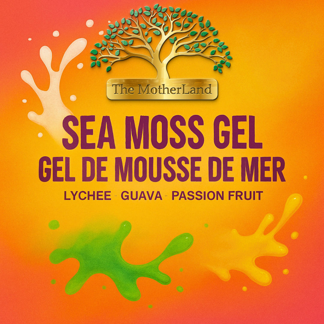 The MotherLand Guava Sea Moss Gel – 16 oz jar with pink splash and guava fruits. Gel de mousse de mer The MotherLand – saveur goyave – pot 16 oz avec éclaboussure rose et fruits de goyave