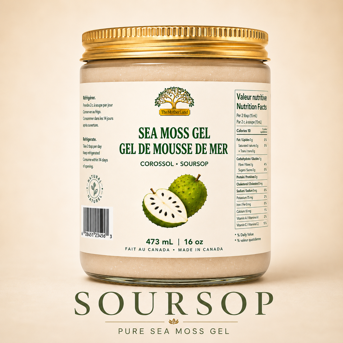 Jar of sea moss gel with soursop flavor on a beige background