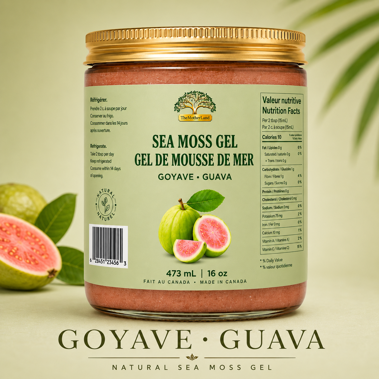 Jar of sea moss gel with guava flavor on a light green background
