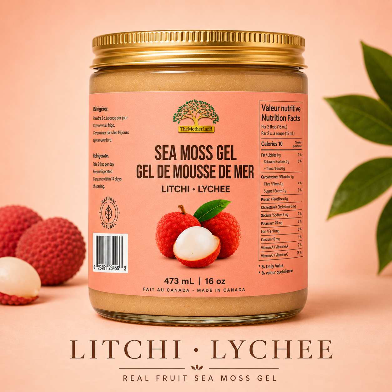 Jar of Sea Moss Gel with litchi and lychee flavor on a peach background
