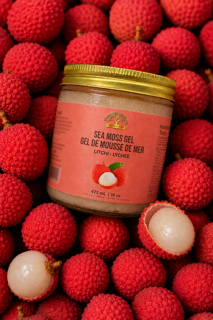 Jar of Sea Moss Gel surrounded by lychee fruits