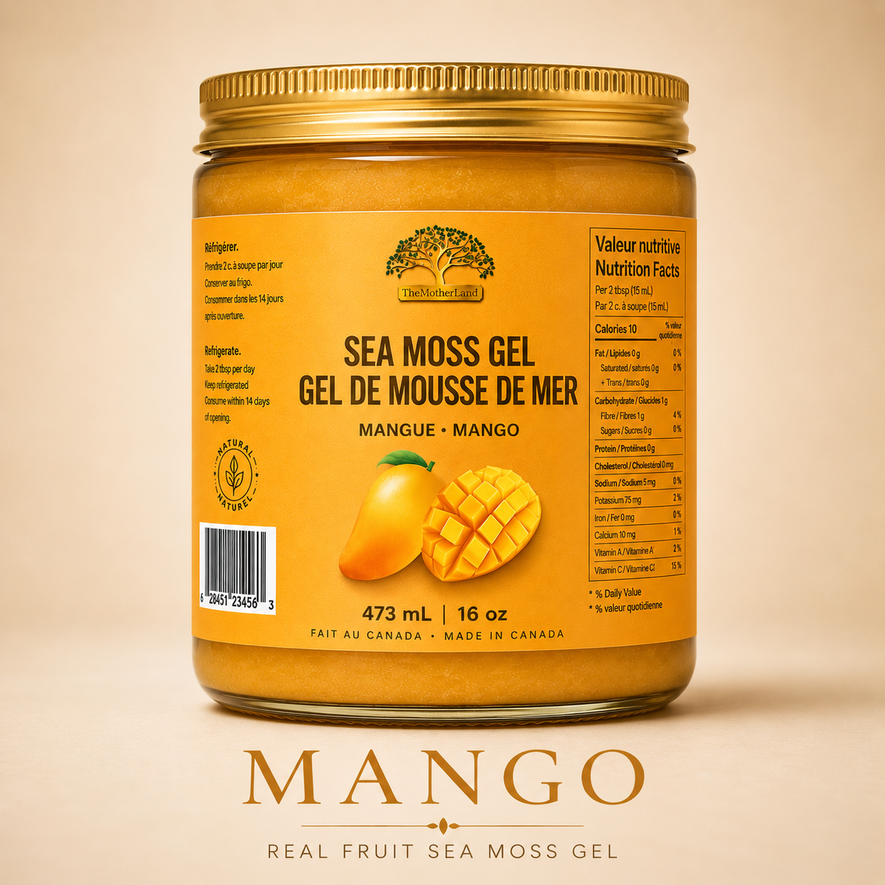 Jar of sea moss gel with mango flavor on a beige background
