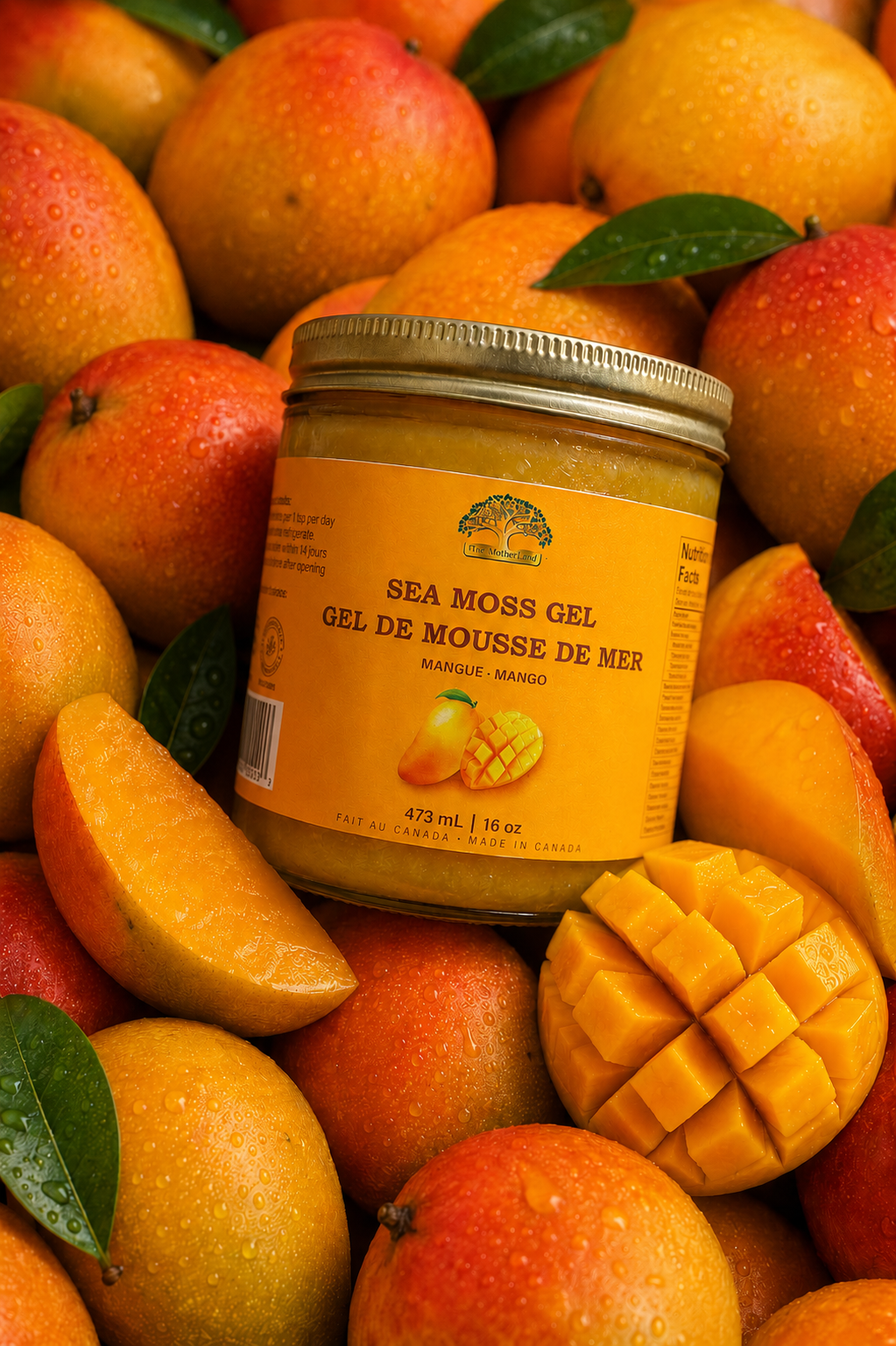 Jar of Sea Moss Gel surrounded by mangoes with a visible brand label.