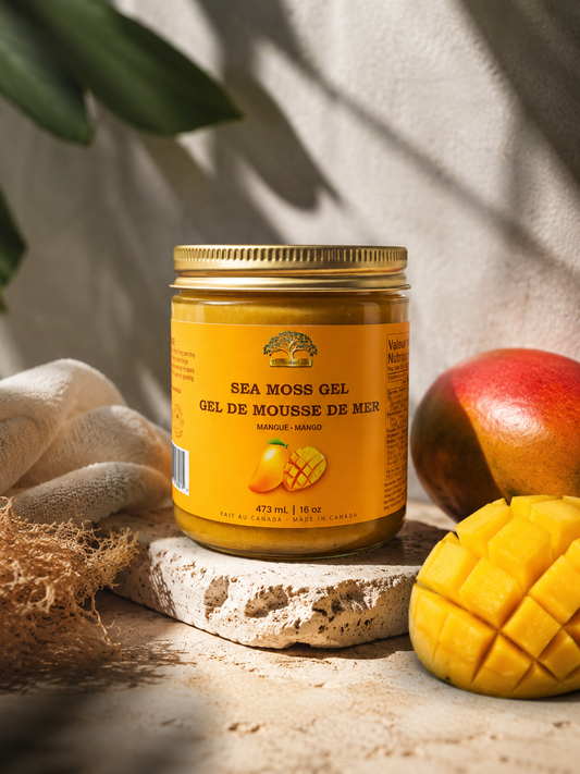 Jar of sea moss gel with mangoes on a stone surface