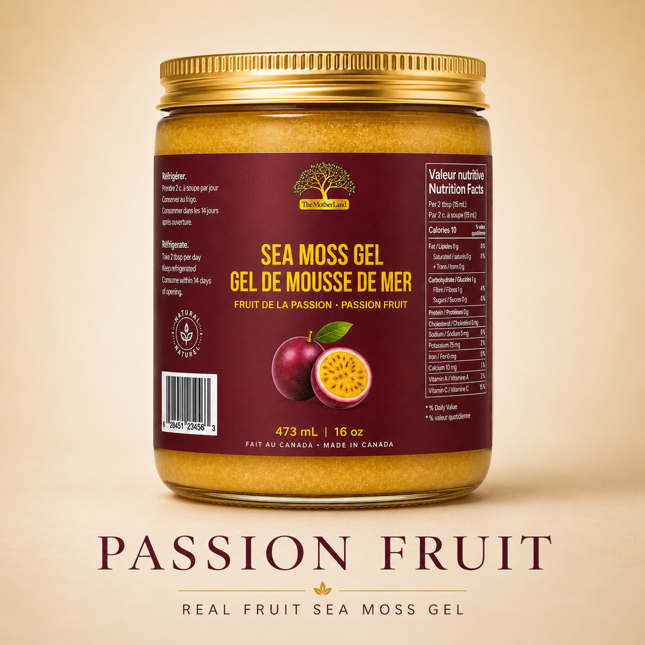 Jar of sea moss gel with passion fruit flavor on a beige background