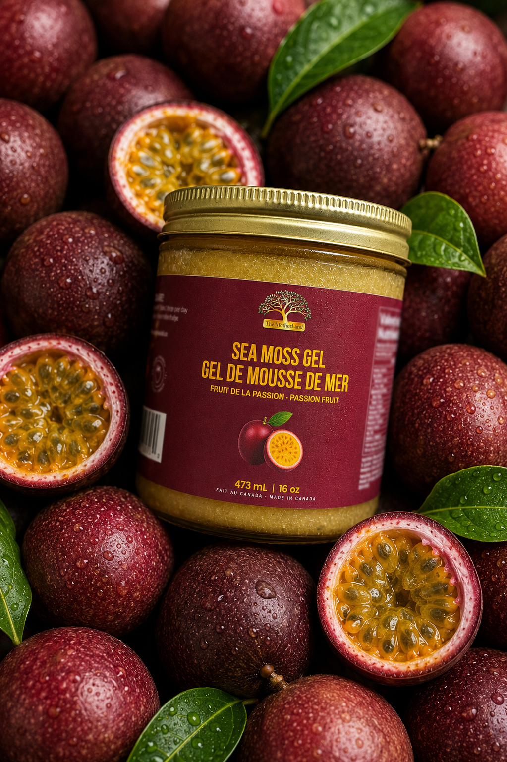 Jar of sea moss gel surrounded by passion fruits
