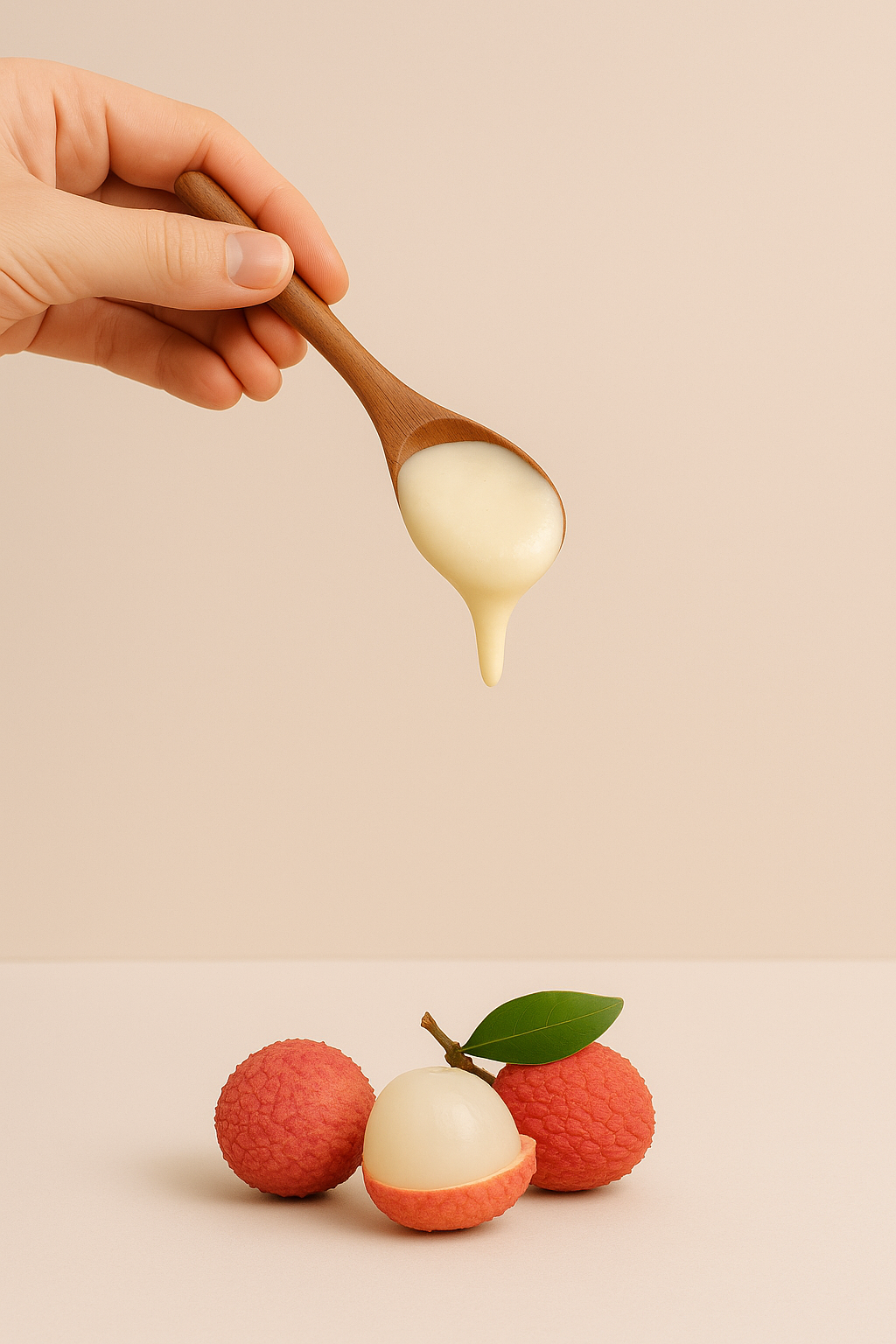 Gel de mousse de mer The MotherLand – saveur litchi – pot 16 oz avec éclaboussure rouge et fruits de litchi. The MotherLand Lychee Sea Moss Gel – 16 oz jar with red splash and lychee fruits