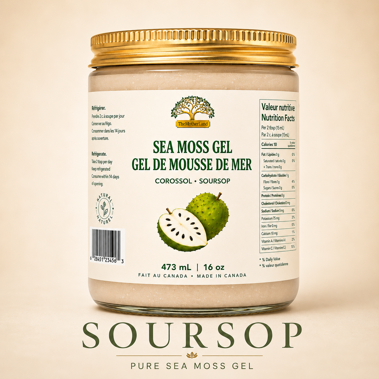 Jar of sea moss gel with soursop flavor on a beige background
