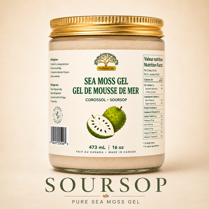 Jar of sea moss gel with soursop flavor on a beige background