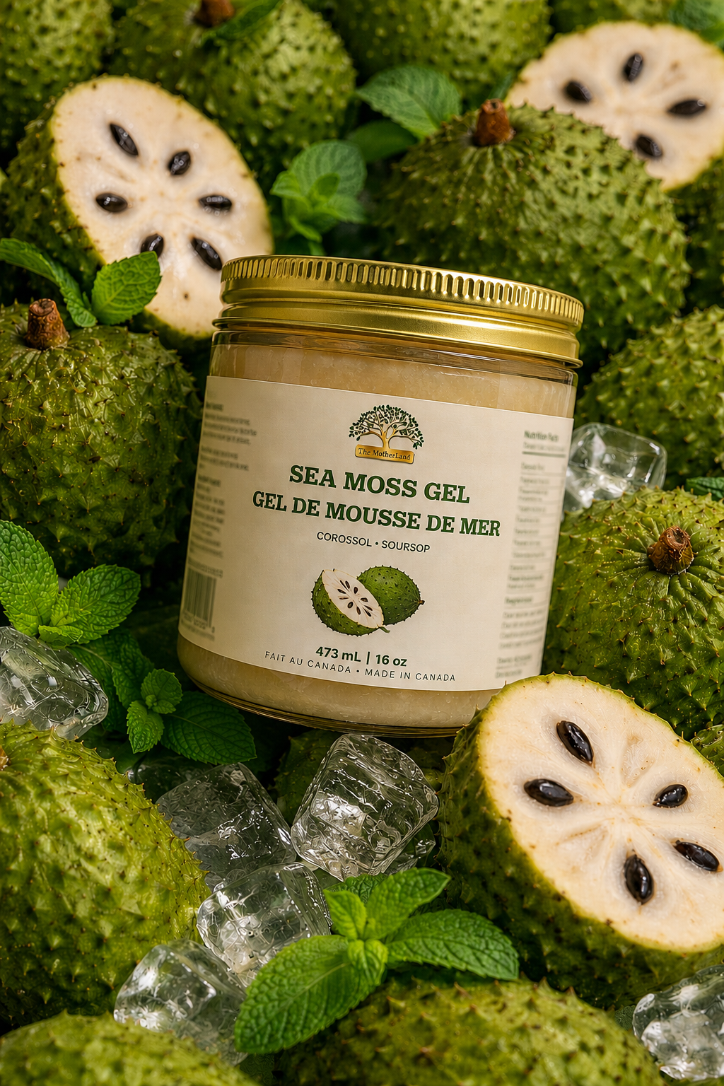 Sea moss gel jar with green sea moss and ice cubes in the background