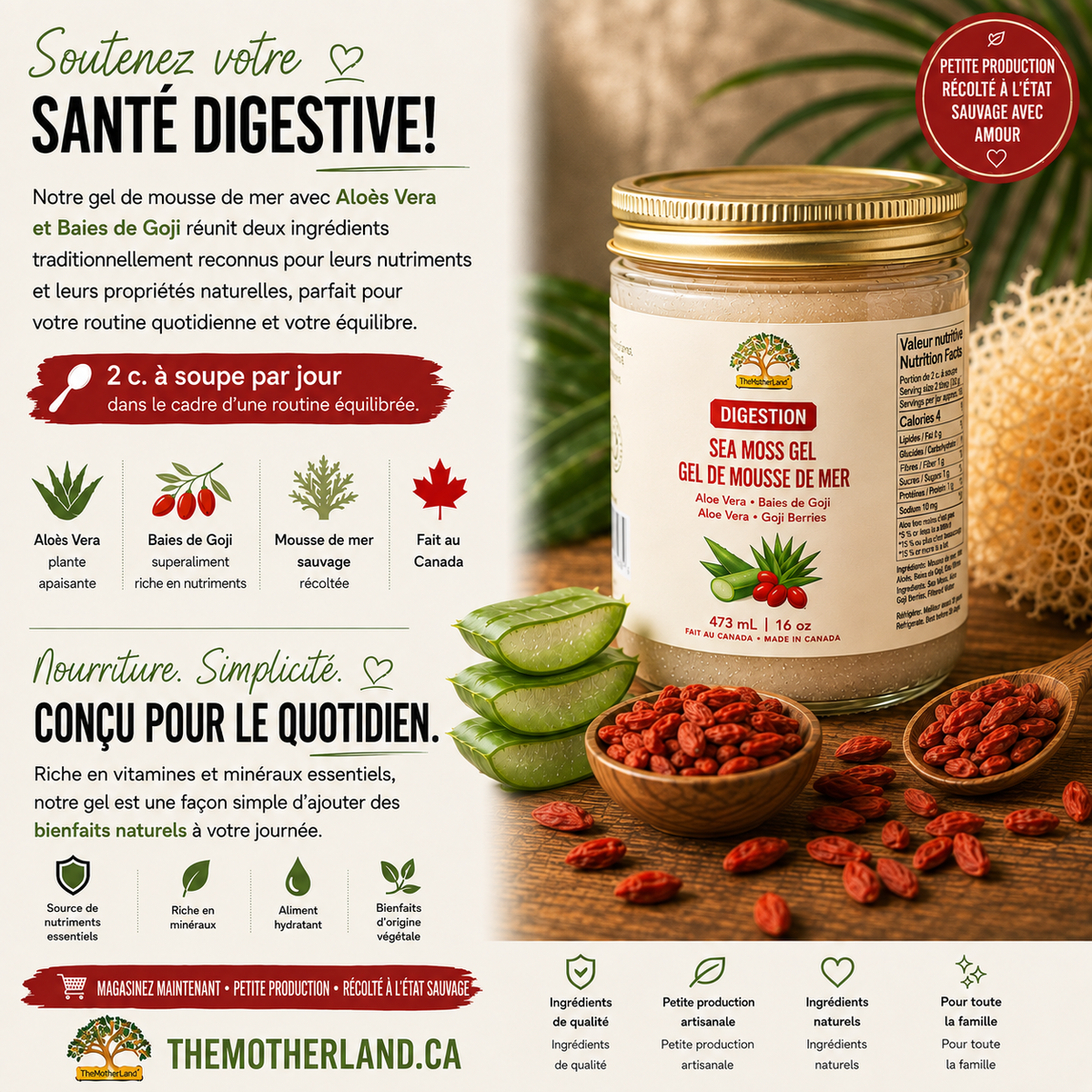 Gel de mousse de mer bio de qualité supérieure avec goji et aloe vera 100 % naturel