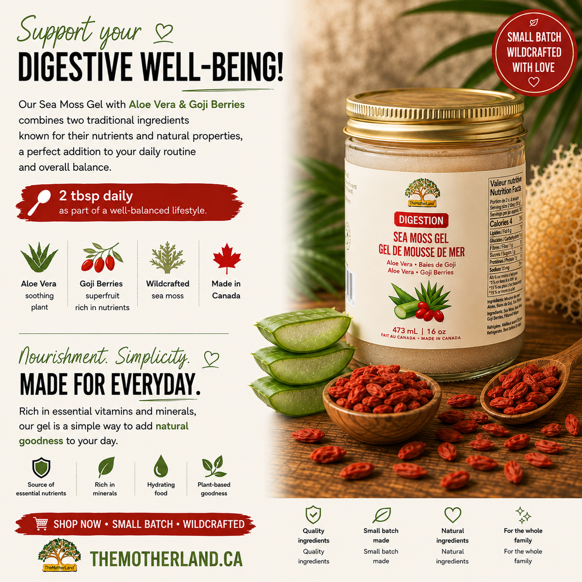 Gel de mousse de mer bio de qualité supérieure avec goji et aloe vera 100 % naturel
